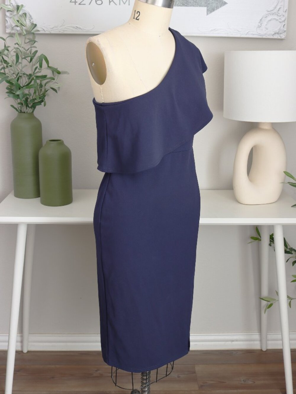 Missguided Navy One Shoulder Flounce Midi Dress